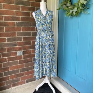London Times Blue Yellow White Floral Sleeveless Ruffle Faux Wrap Midi Dress 6
